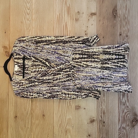 Parker Blue, Black & Gray Marbled Silk Long Sleeve Faux Wrap Dress Size Small - Picture 2 of 8